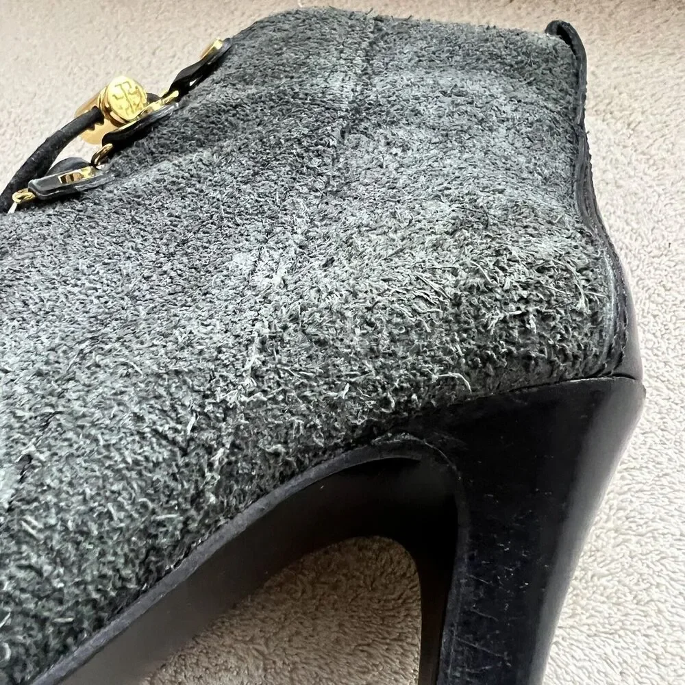 Tory Burch Hamila Dark Gray Distressed Suede Lace Up High Heel Booties Women 6.5